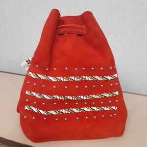 Vintage Ladies Red Suede Hand beaded drawstring bag Southwestern